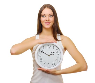 Young girl with clocks isolated