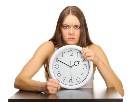 Young girl with clock isolated