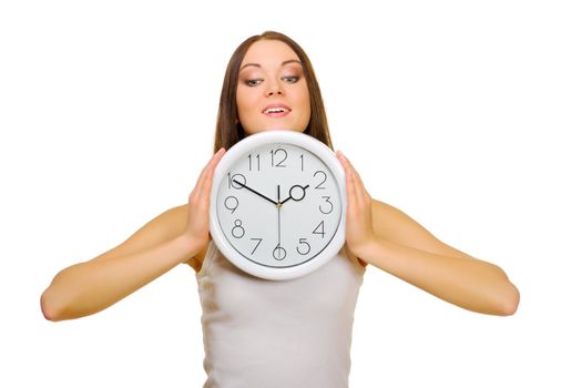 Young girl with clock isolated