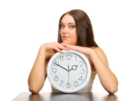 Young girl with clock isolated