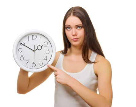 Young girl with clocks isolated