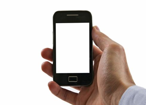 Businessman holding smartphone and showing us the screen of the phone