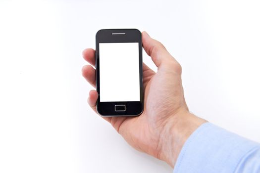 Businessman Holding Smartphone on White Background