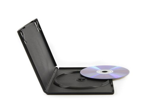 CD / DVD and wide angled black plastic cover on white background