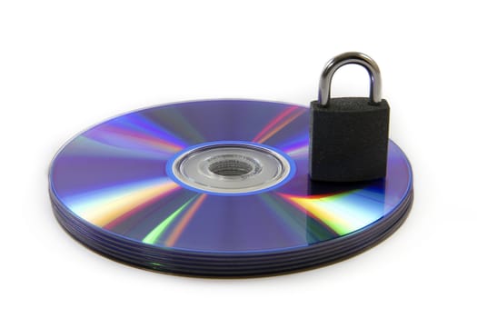 Colorful Reflected CD / DVD object with a key for data security / privacy on white background
