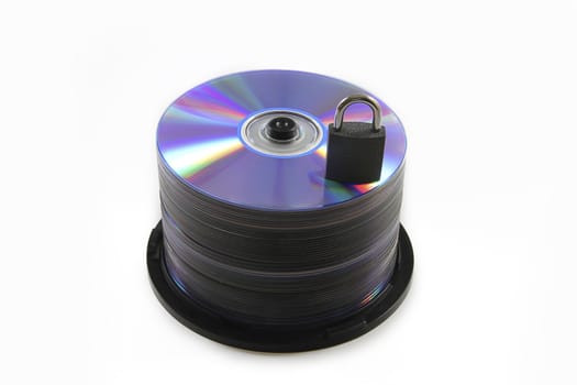 Colorful Reflected CD / DVD object with a key for data security / privacy on white background