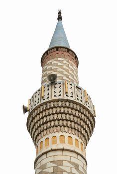 Mosque minaret on white background, horizontal shape.