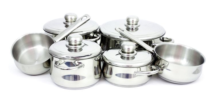 Pans made of stainless steel on a white background