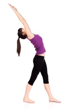 Young woman doing fitness exercises, isolated on white