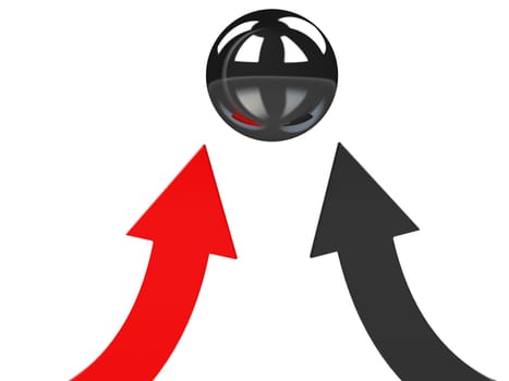 Red and black arrows specify in a metallic sphere