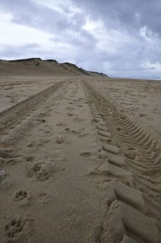 Big tyre traces on an empty beach with a cloudy sky