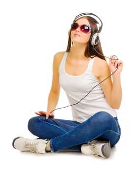 Young woman listen music isolated