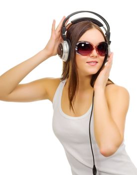 Young girl listen music isolated