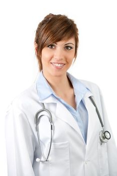 Portrait of Attractive young female doctor in medical gown.Isolated.