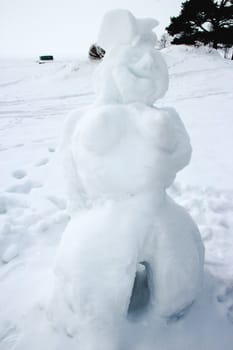 Funny snowman - smiling snowwoman. winter landscape