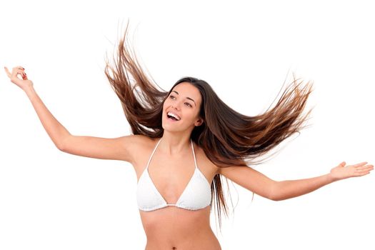 Happy Young woman raising hands.Isolated