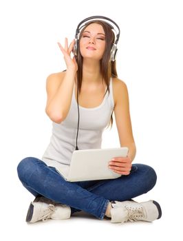 Young girl listen music isolated