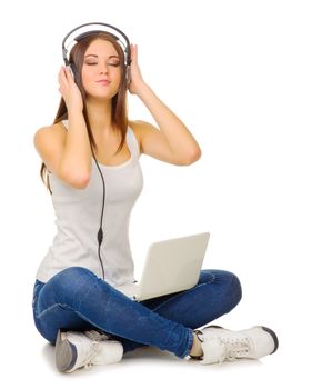 Young girl listen music isolated