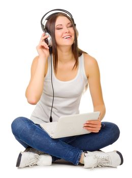 Young girl listen music isolated