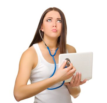 Young girl listen laptop by stethoscope isolated