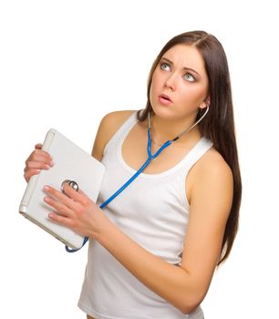 Young girl with laptop and stethoscope isolated