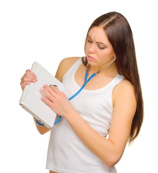 Young girl with stethoscope and laptop isolated