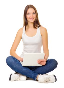 Young smiling girl with laptop isolated