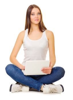 Young girl with laptop isolated