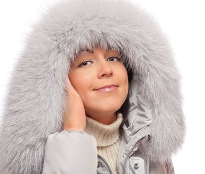 Portrait of young woman in fluffy hood