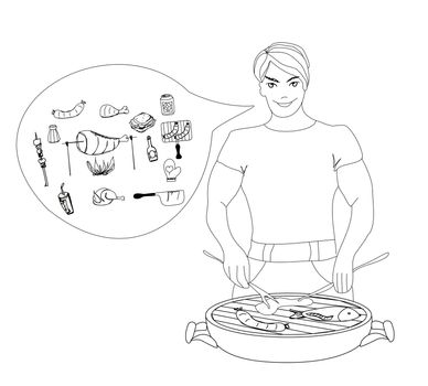 Cartoon Male dressed in grilling attire cooking meat.Barbecue icon vector set