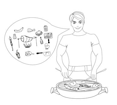 Cartoon Male dressed in grilling attire cooking meat.Barbecue icon vector set