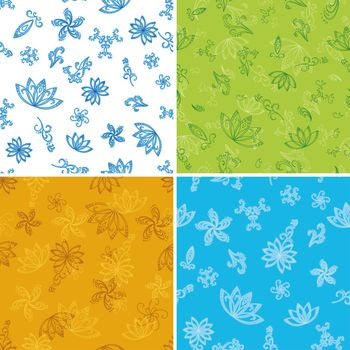 Set abstract seamless floral backgrounds with outline symbolical flowers