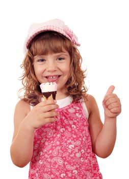 happy little girl with ice cream and thumb up