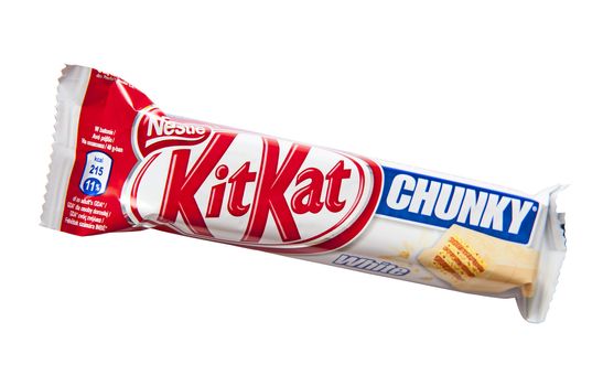 Kit Kat Chunky White candy bar with white chocolate produced by Nestle isolated on a white background