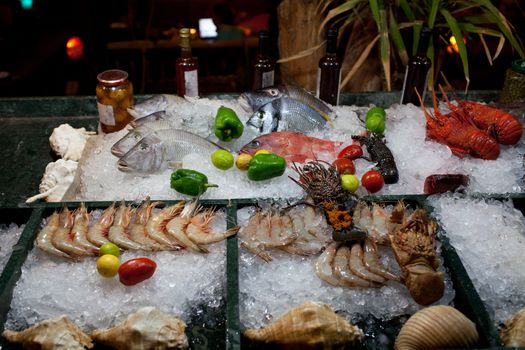 different seafood at a restaurant