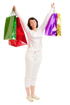 Young smiling woman with bags isolated