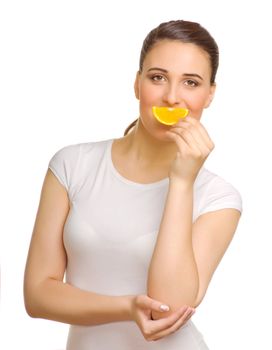 Young girl with orange slice isolated