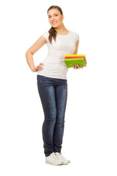 Young girl with books isolated