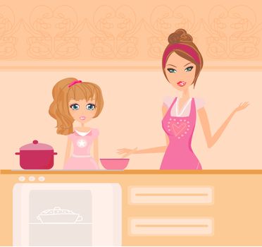 Happy mother helping her daughter cooking in the kitchen