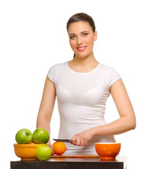 Young woman with fruits isolated