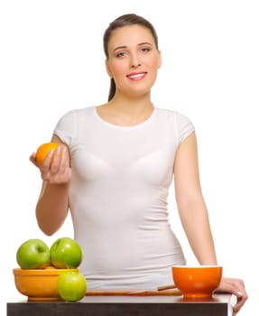 Young smiling woman with fruits isolated