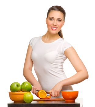 Young woman with fruits isolated