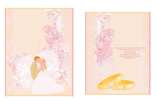 elegant wedding invitation with rings and wedding couple