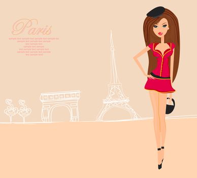 beautiful women Shopping in Paris - vector card