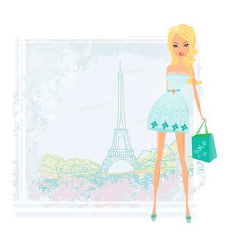 beautiful women Shopping in Paris - vector card