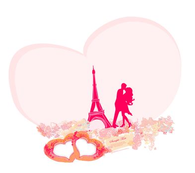 Romantic couple in Paris kissing near the Eiffel Tower. Retro card.