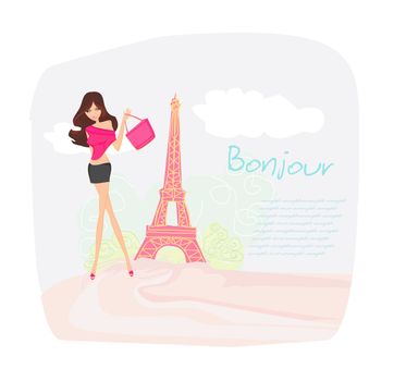 beautiful women Shopping in Paris - vector card