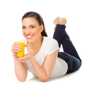 Young woman with orange juice isolated