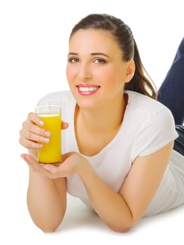 Smiling young girl with orange juice isolated