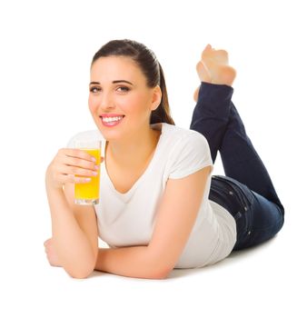 Young girl with orange juice isolated